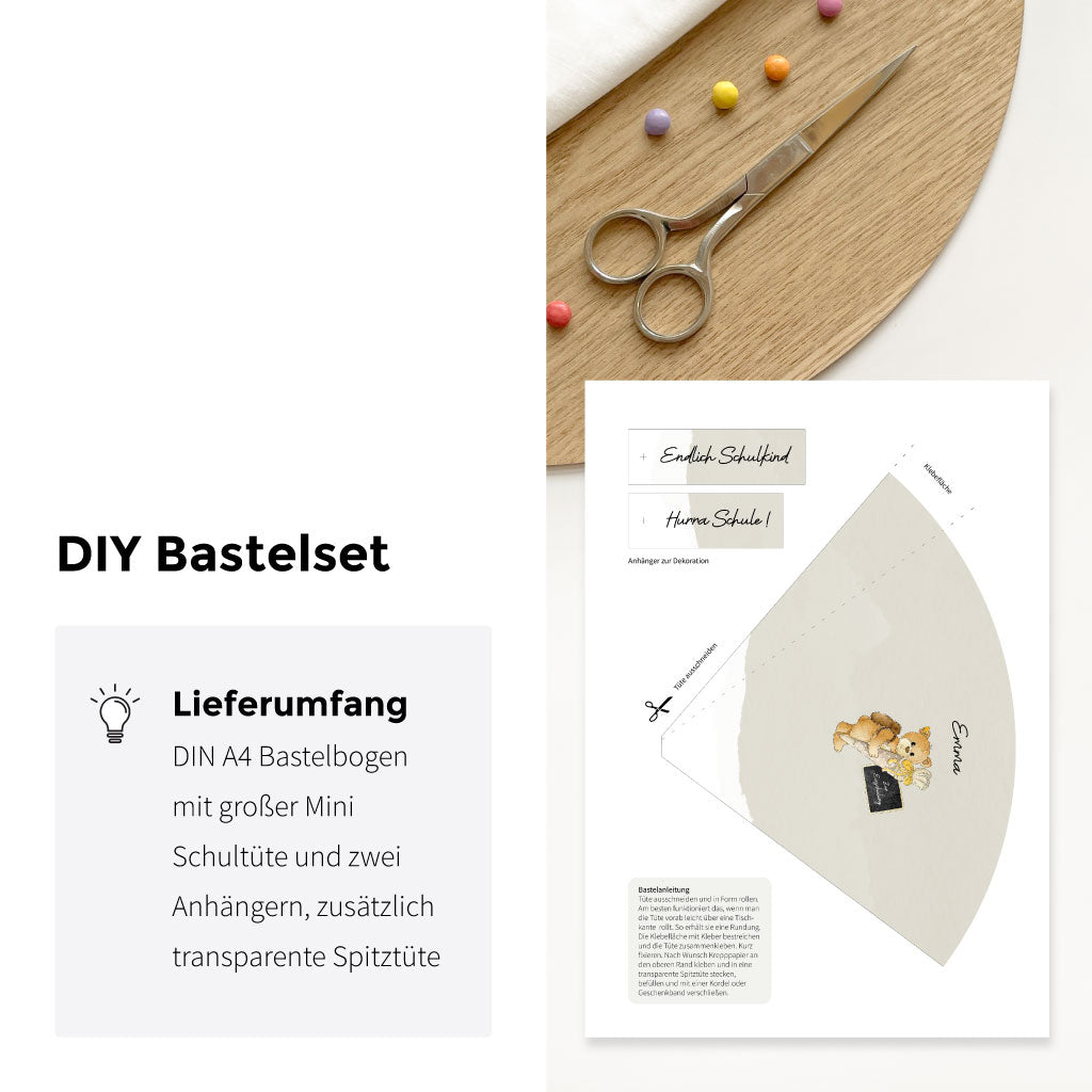 Bastelbogen mit Schultüte, Anleitung und Anhängern