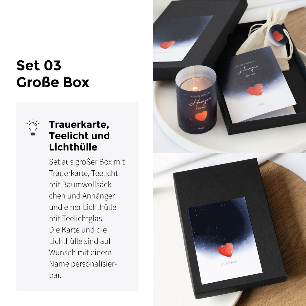 Set 03: Set aus großer Box mit Trauerkarte, Teelicht und Baumwollsäckchen und Anhänger und einer Lichthülle mit Teelichtglas