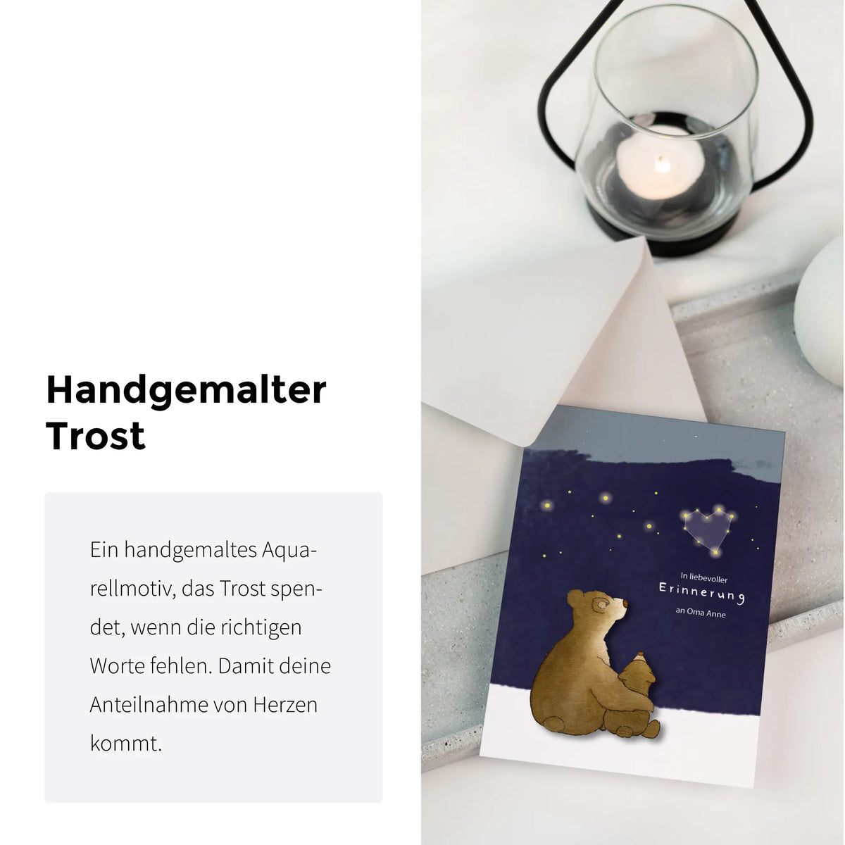 Trauerkarte Trost mit handgemalten Bären unter Sternenhimmel, Schriftzug In liebevoller Erinnerung, daneben Text Handgemalter Trost