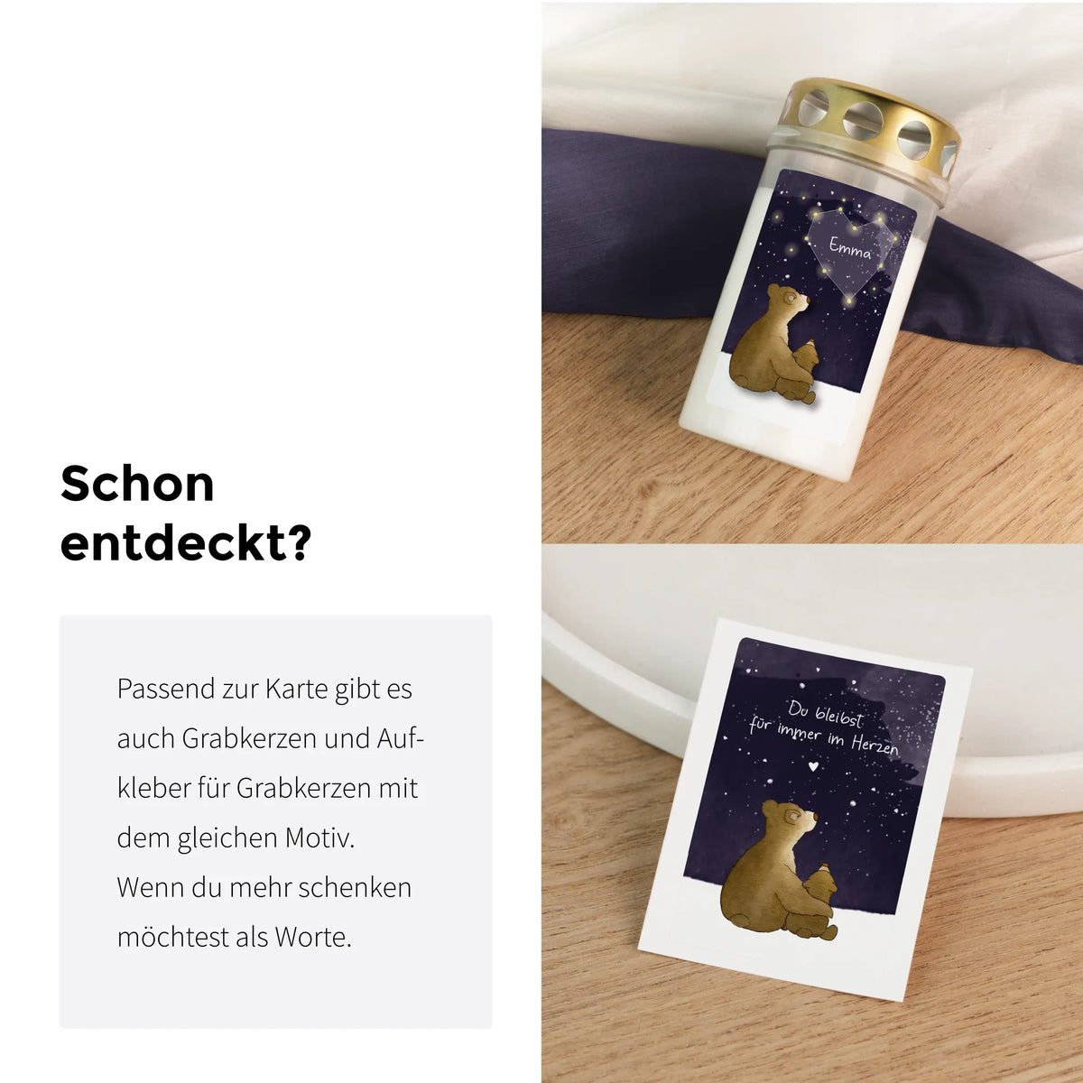 Trauergeschenk Set mit Grabkerze und Aufkleber, handgemalte Bären unter Sternenhimmel, passendes Zubehör zur Trauerkarte