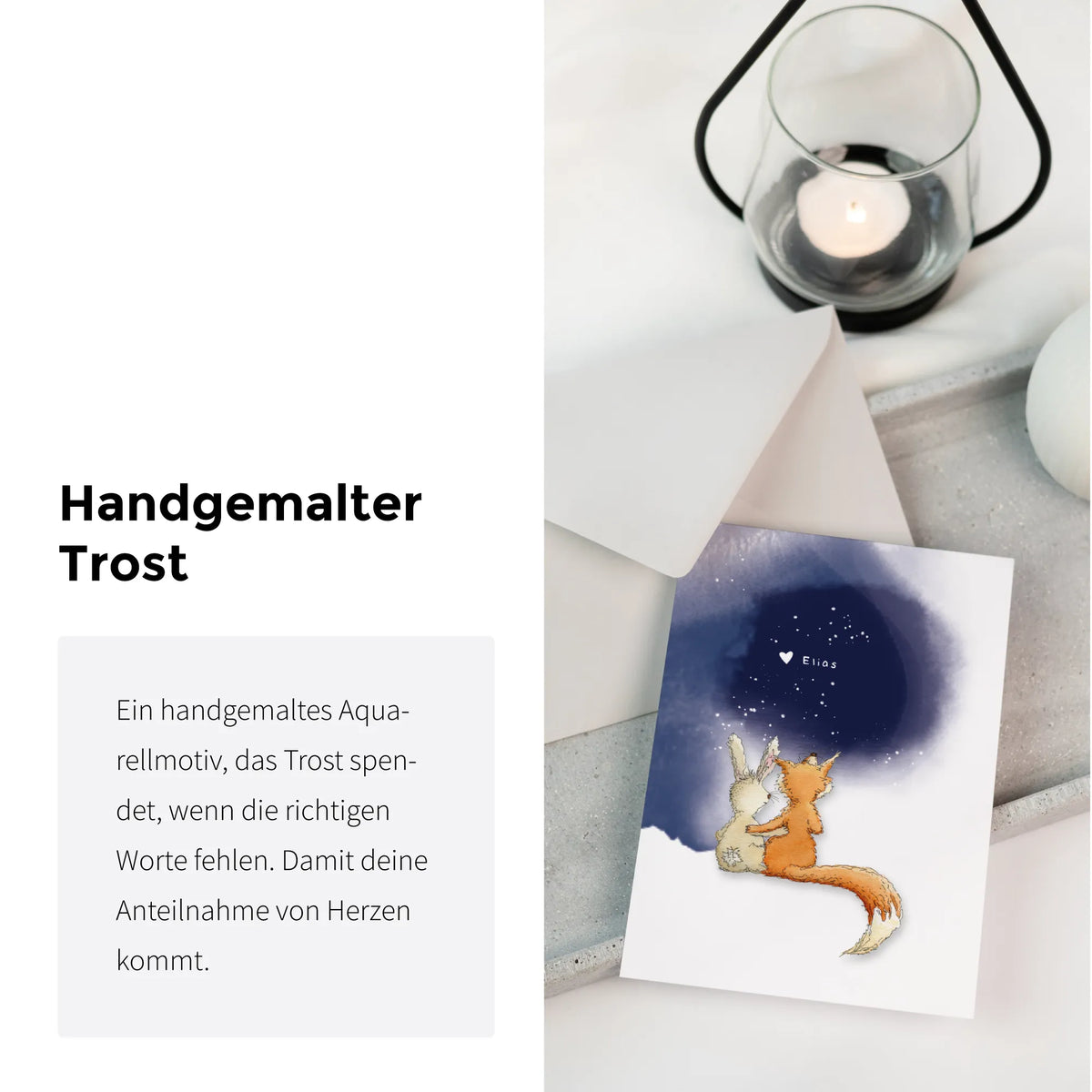 Trauerkarte mit handgemaltem Trostmotiv: Fuchs und Hase schauen auf Sterne, Schriftzug Handgemalter Trost