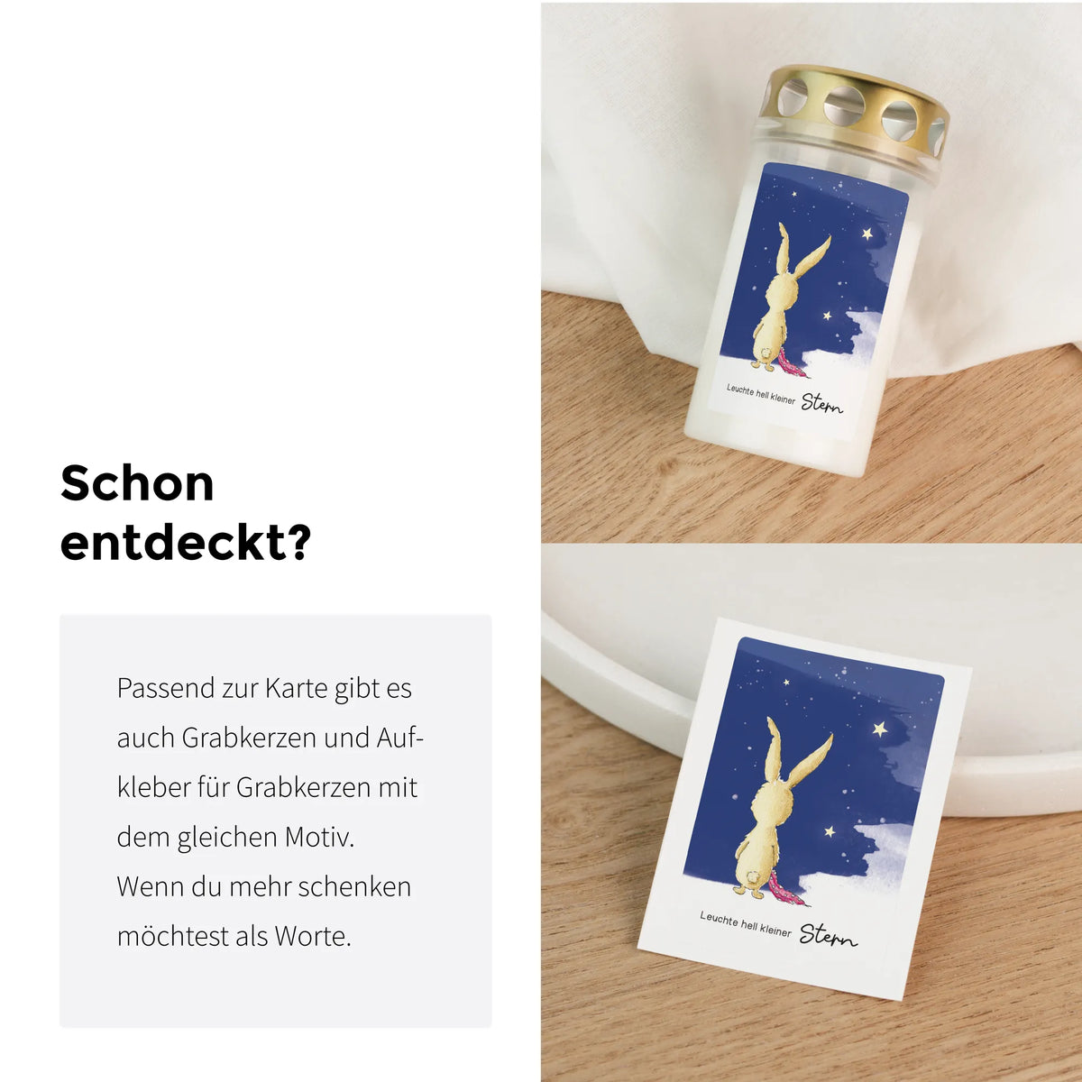 Grabkerze und Aufkleber mit handgemaltem Hasen und Sternenhimmel als Trauergeschenk für Sternenkinder passend zur Trauerkarte Leuchte hell kleiner Stern