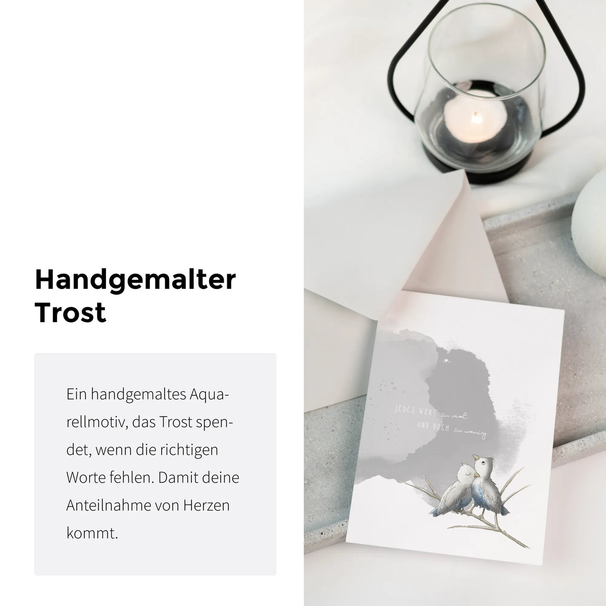 Trauerkarte von Funkenbunt mit handgemaltem Vogelmotiv und Spruch, daneben Text Handgemalter Trost, als Trauergeschenk für Sternenkinder