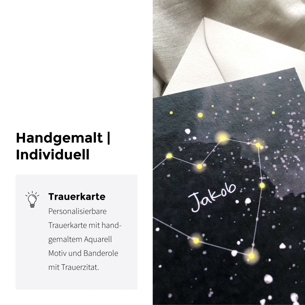Nahaufnahme der Trauerkarte mit Herz-Sternbild und Name, unter dem Motto: handgemalt und individuell – liebevolle Karte mit Trauerspruch.