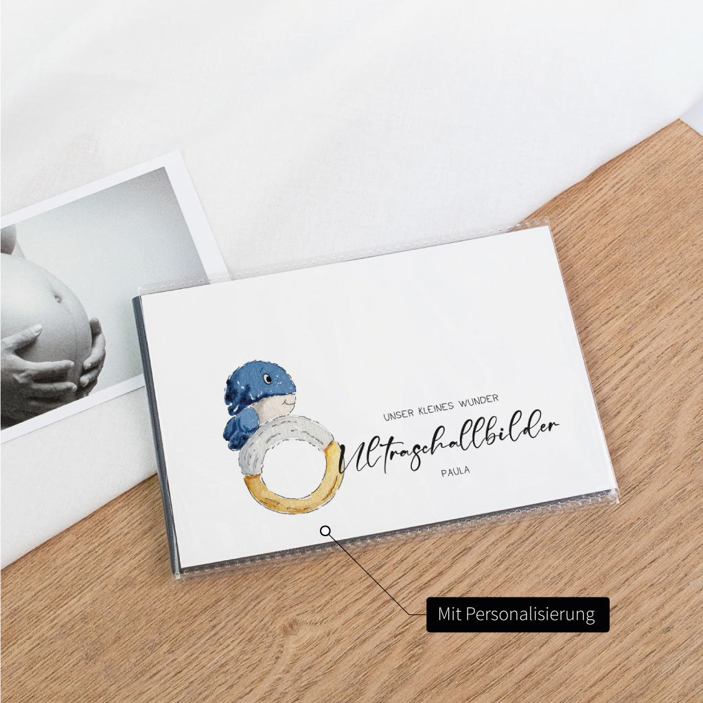 Schwarzes Ultraschallfoto-Album mit Hinweis „Mit Personalisierung“ – Einsteckalbum zum Schutz für Ultraschall Fotos, Cover mit Wal-Motiv und Name