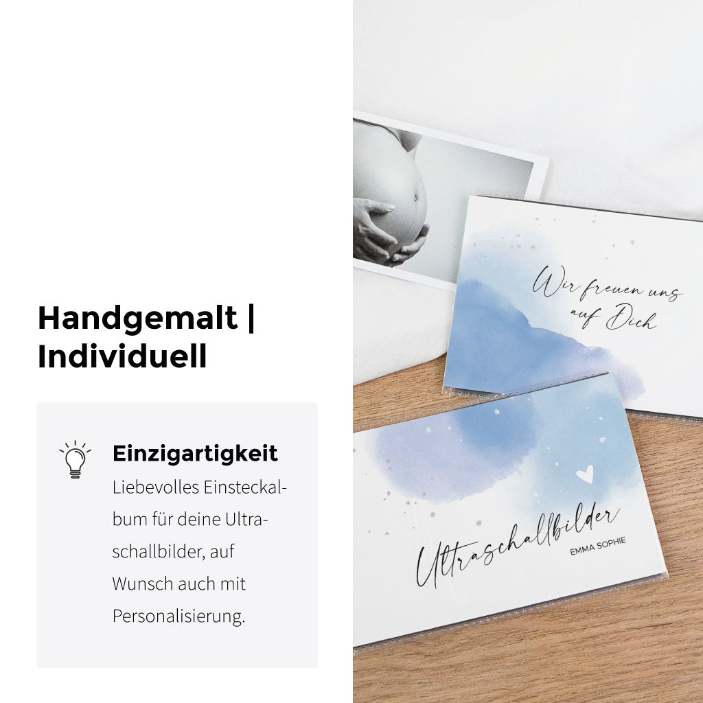 Infografik „Handgemalt | Individuell“ mit zwei Einsteckalben – Ultraschallbilder Aufbewahrung als Schwangerschaft Geschenk, Album personalisierbar, Schutz für Bilder und Fotos