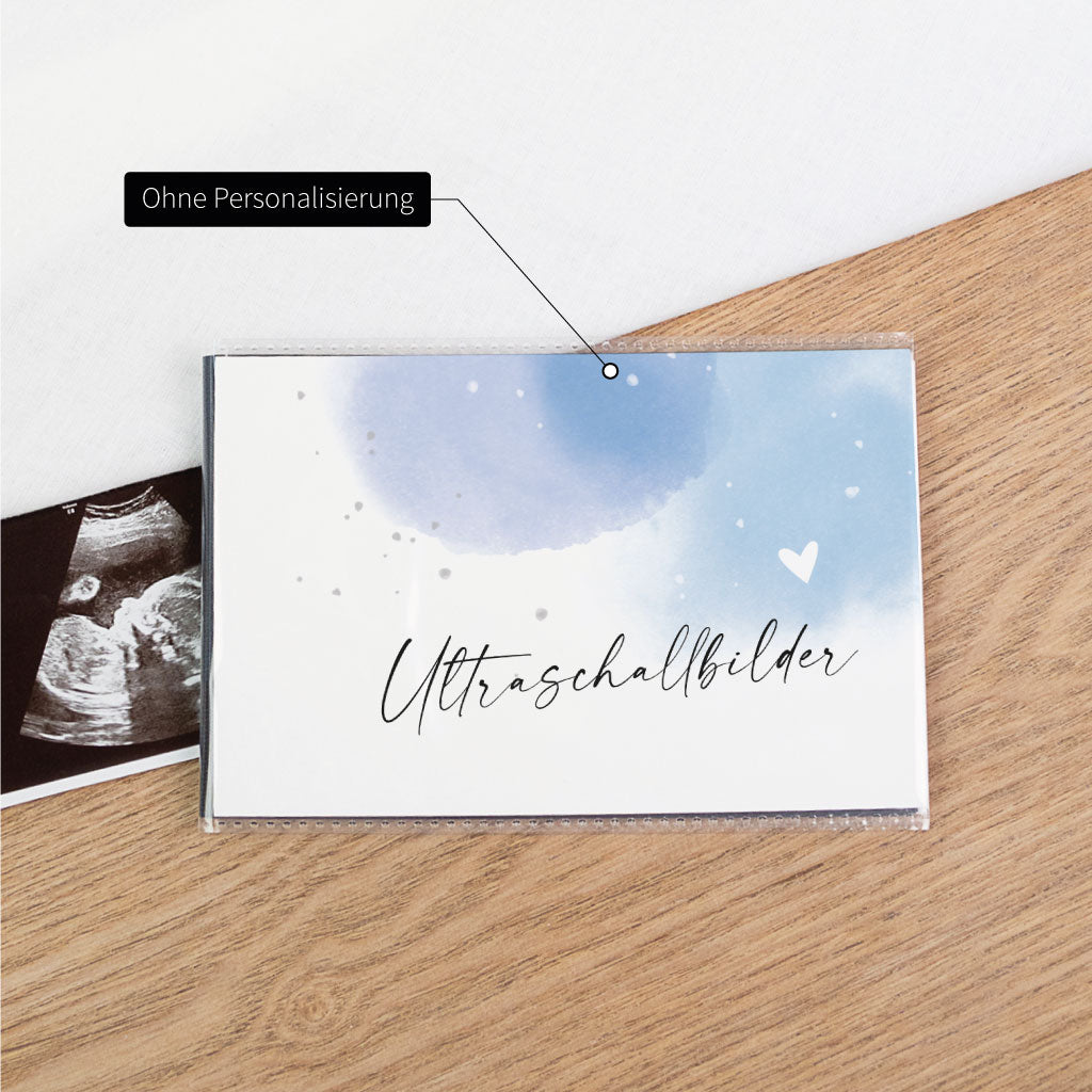 Schwarzes Einsteckalbum ohne Personalisierung – blaues Cover mit Schriftzug „Ultraschallbilder“, daneben Ultraschallfoto, Schutz für Bilder und Fotos