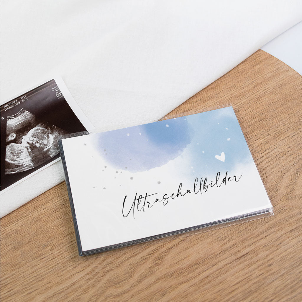 Schwarzes Einsteckalbum zum Schutz für Ultraschall Fotos – blaues aquarell Cover „Ultraschallbilder“ auf Holzoberfläche, Schwangerschaft Geschenk und personalisierbar