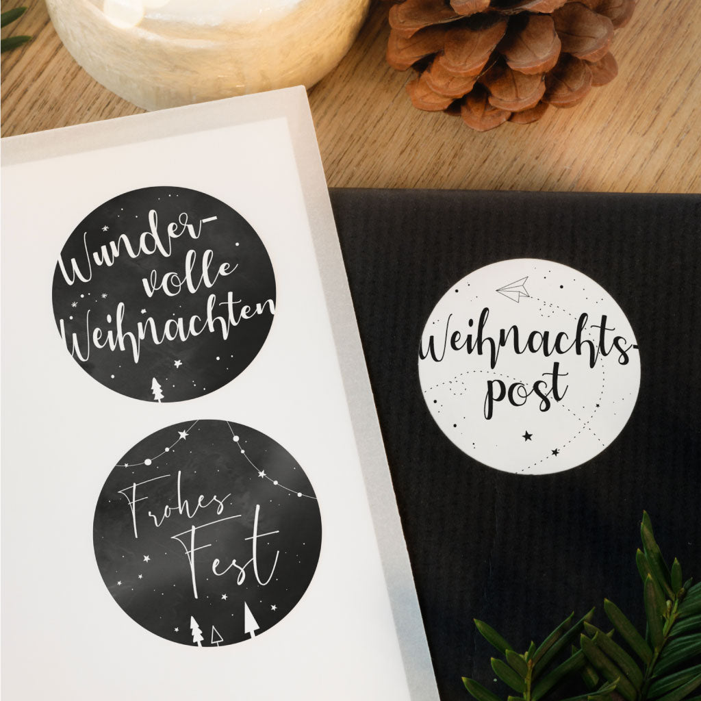 Schwarz Weißes Aufkleber Set für Weihnachten mit drei verschiedenen Motiven