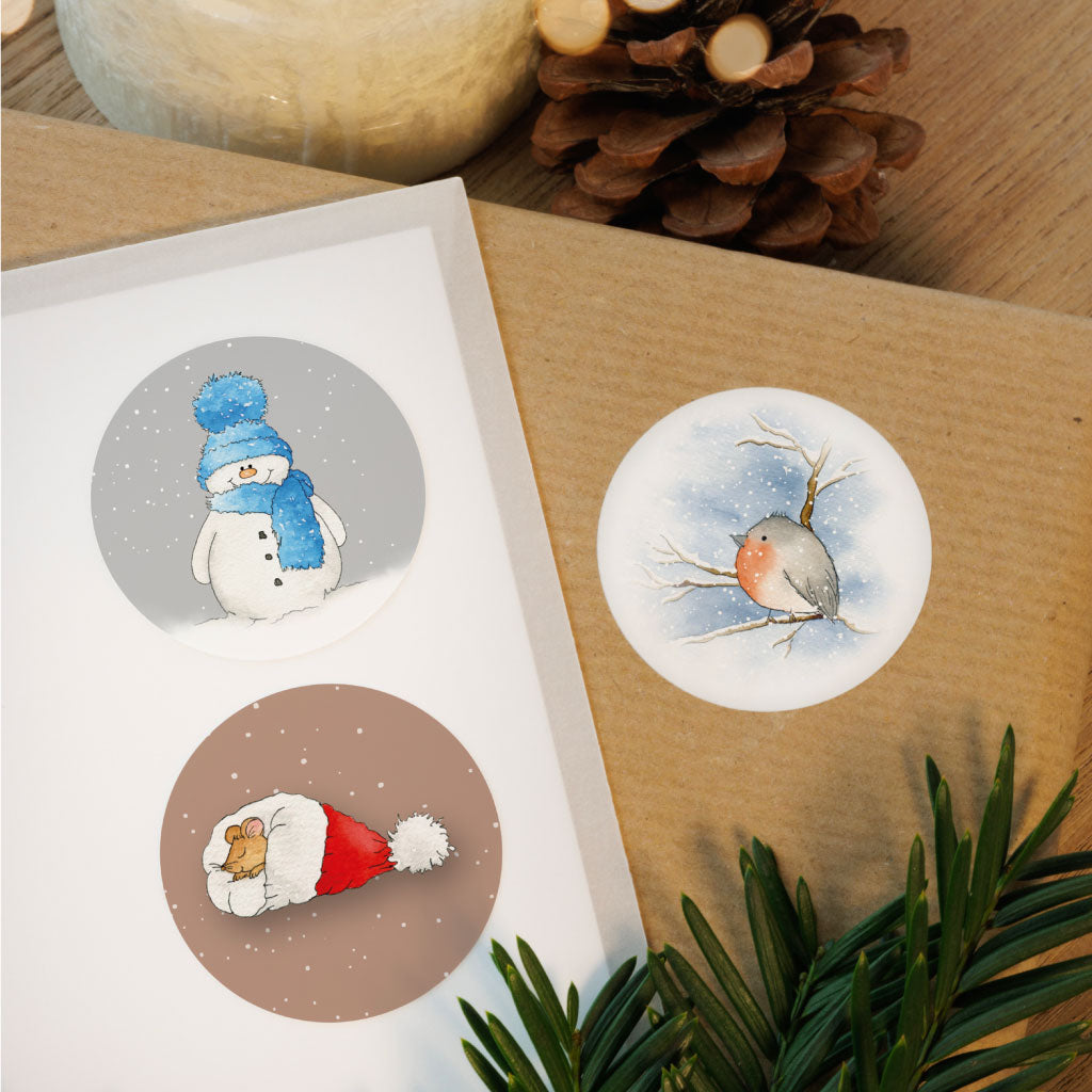 Weihnachtsaufkleber mit drei verschiedenen Aquarell Motiven