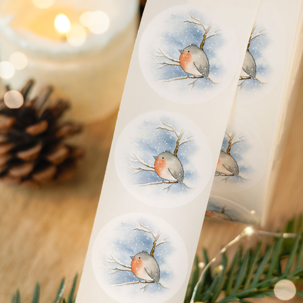 Aufkleber mit Vogel im Schnee zum Weihnachtsgeschenke verpacken