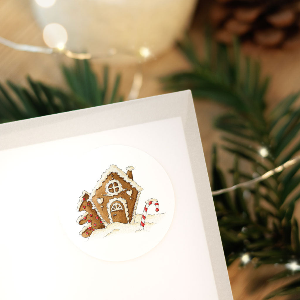 Weichnachtsaufkleber mit handgemaltem Aquarell Lebkuchenhaus