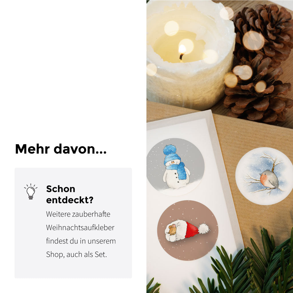 Verschiedene runde Weihnachtsaufkleber mit Aquarellmotiven wie Schneemann, Vogel und Nikolausmütze – ideal für Geschenke und Adventspost.