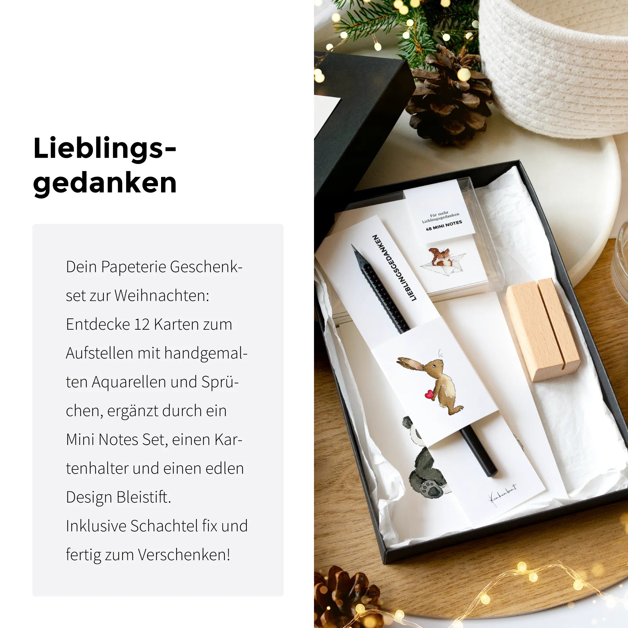 Papeterie Weihnachtsgeschenk-Set geöffnet: 12 Karten mit Aquarell Motiv, Mini Notes, Kartenhalter und Design Bleistift, fix und fertig verpackt