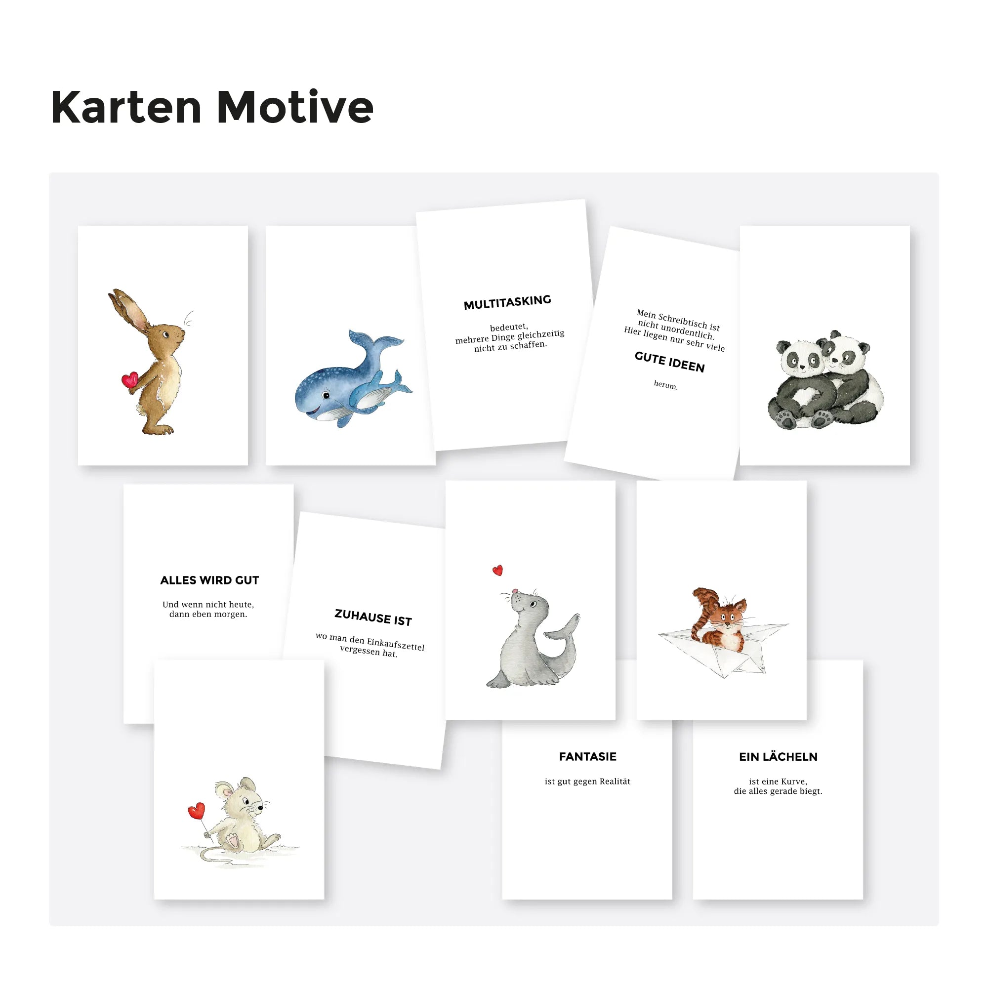 Übersicht aller 12 Karten mit humorvollen Sprüchen und handgemalten Aquarell Motiven aus dem Weihnachtsgeschenk-Set Lieblingsgedanken