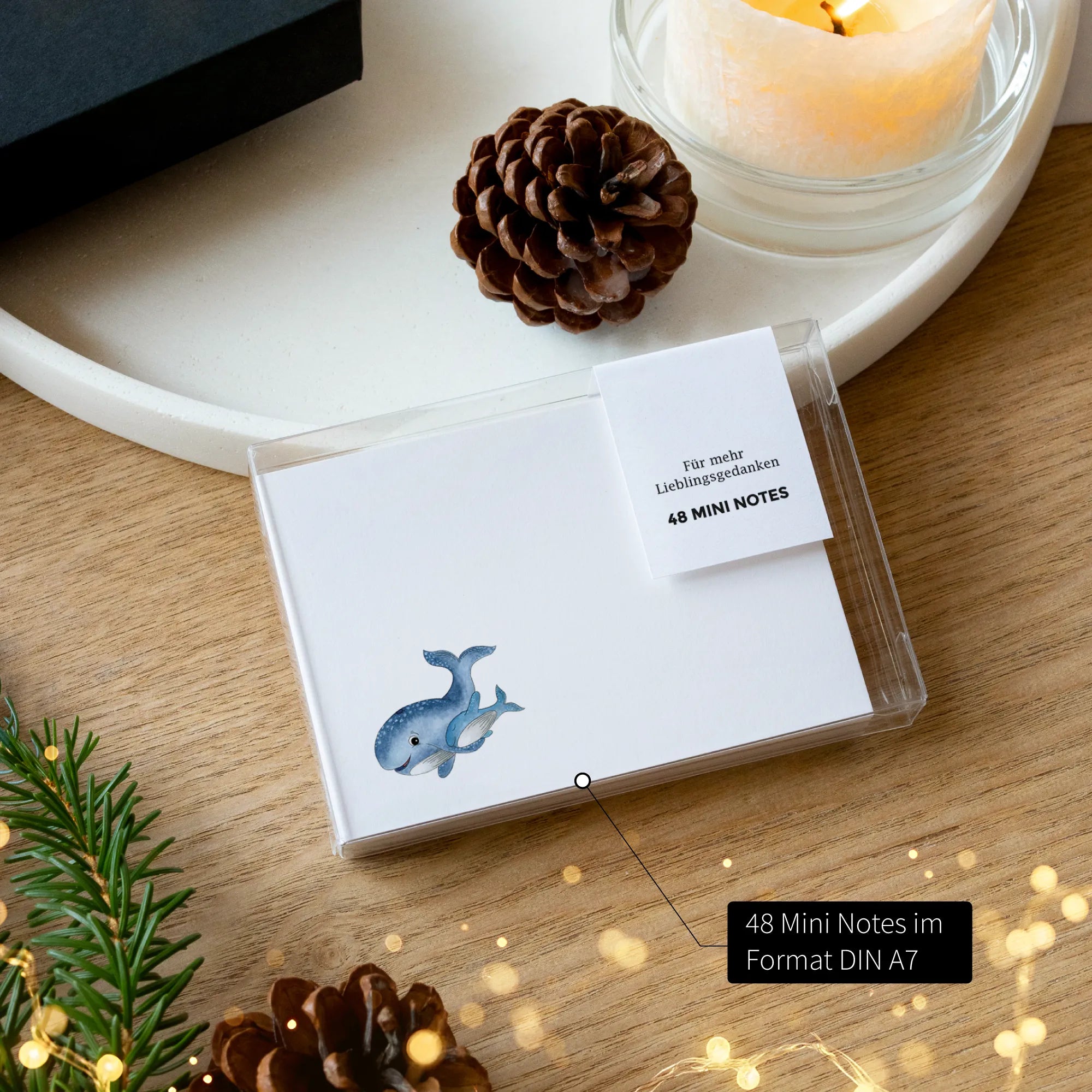 48 Mini Notes in transparenter Box mit Aquarell Motiv Wal, Weihnachtsgeschenk Papeterie Set Lieblingsgedanken