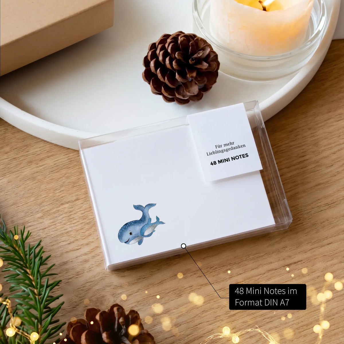 48 Mini Notes in transparenter Box mit Aquarell Motiv Wal, Weihnachtsgeschenk Papeterie Set Lieblingsgedanken