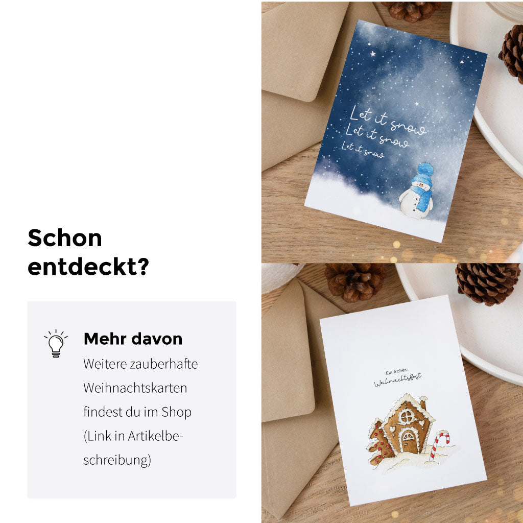 Produktübersicht mit weiteren handgemalten Weihnachtskarten im Aquarell-Stil, darunter Motive mit Schneemann, Lebkuchenhaus und Christbaumkugeln.