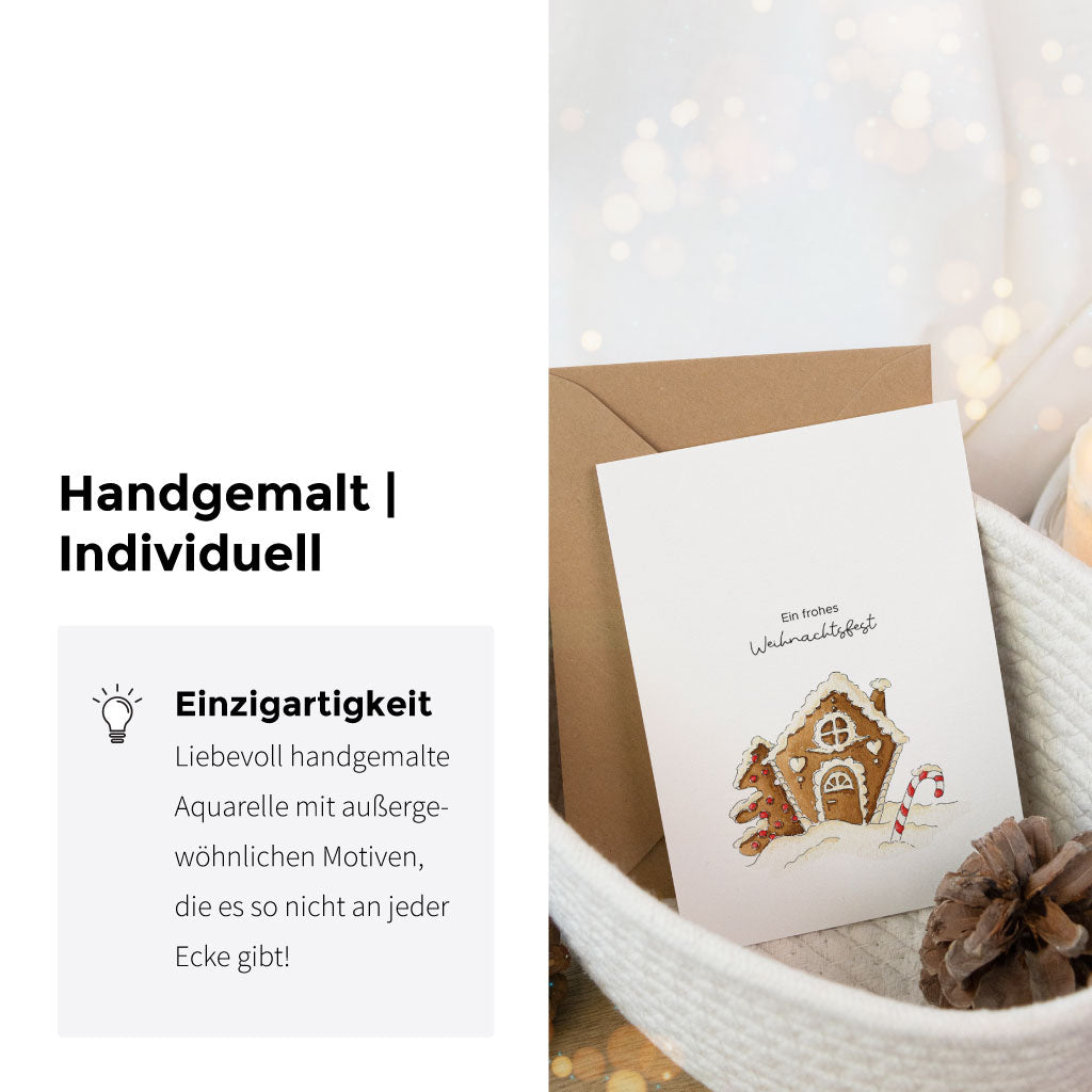 Detailfoto der Weihnachtskarte mit Aquarellmotiv Lebkuchenhaus – handgemalt, individuell und ein festlicher Hingucker zur Dekoration oder als Geschenkanhänger.