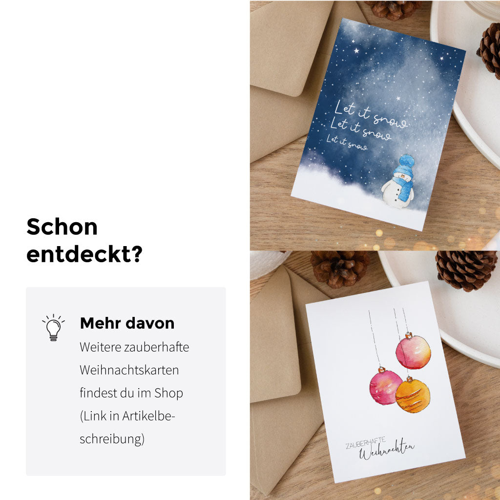 Produktübersicht mit weiteren handgemalten Weihnachtskarten im Aquarell-Stil – darunter Motive mit Schneemann, Weihnachtskugeln und „Frohe Weihnachten“-Gruß.