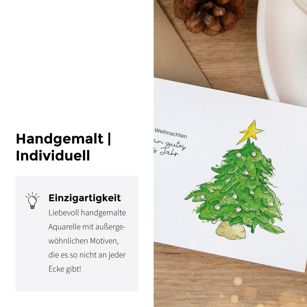 Weihnachtskarte mit handgemaltem Tannenbaum im Aquarellstil und Neujahrsgruß, daneben Infotext zur Einzigartigkeit der Postkarte – perfekt für Weihnachten und Neujahr.