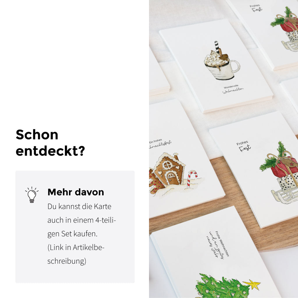 Übersichtliches Karten-Set mit verschiedenen Motiven, darunter die Weihnachtskarte mit Baum und dem Gruß „Frohe Weihnachten und ein gutes neues Jahr“.