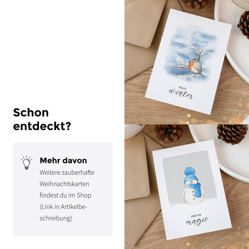 Weitere Weihnachtskarten im handgemalten Aquarellstil, kombiniert mit passenden Sprüchen für Winter, Weihnachten und Neujahr – ideal zum Verschenken oder für kreative Geschenkverpackungen.