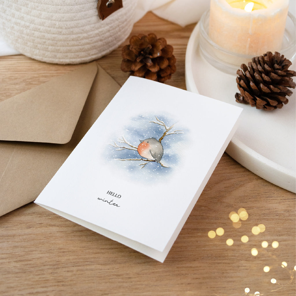 Weihnachtskarte - Hello Winter | Rotkehlchen
