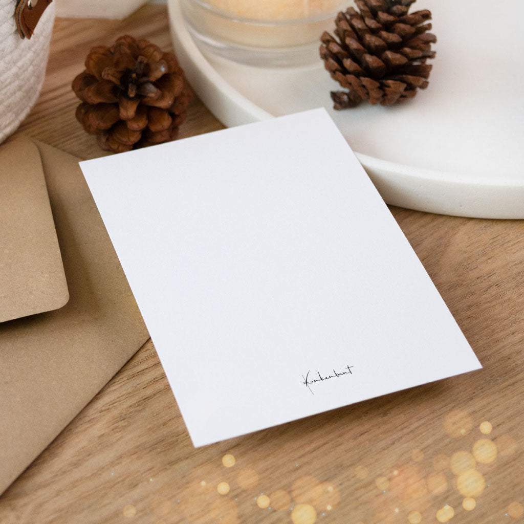 Rückseite der Klappkarte mit dezentem „Funkenbunt“-Schriftzug – hochwertige Künstlerkarte für Weihnachten.