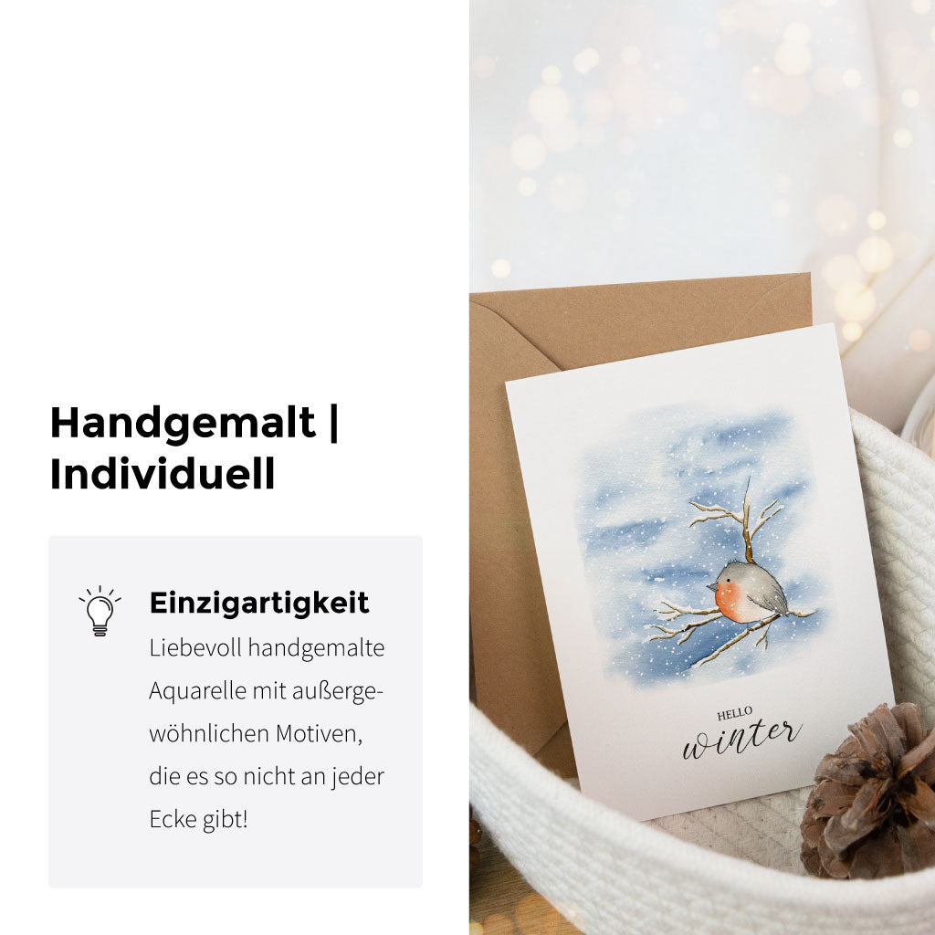 Hochwertige Weihnachtskarte Aquarell, handgemalte Klappkarte mit Rotkehlchen und Schriftzug Hello Winter