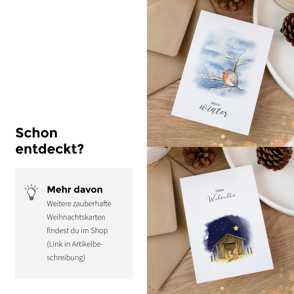 Stimmungsvolle Übersicht weiterer Weihnachtskarten im Aquarellstil von Funkenbunt, darunter winterlicher Vogel und Krippenszene als Klappkarte.