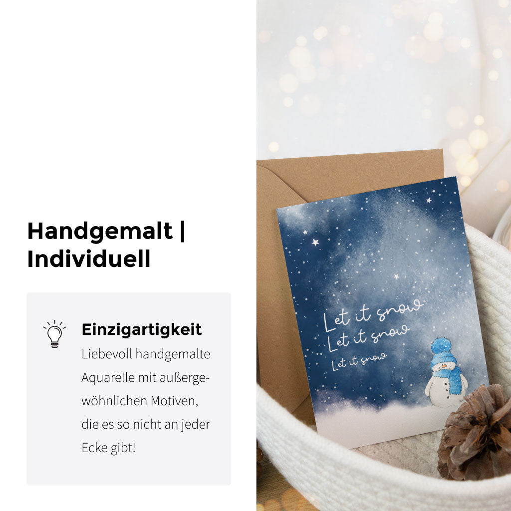 Detailansicht der Weihnachtskarte mit handgemaltem Schneemann und winterlichem Nachthimmel, daneben ein Hinweis auf die Einzigartigkeit handgemalter Aquarell-Motive.