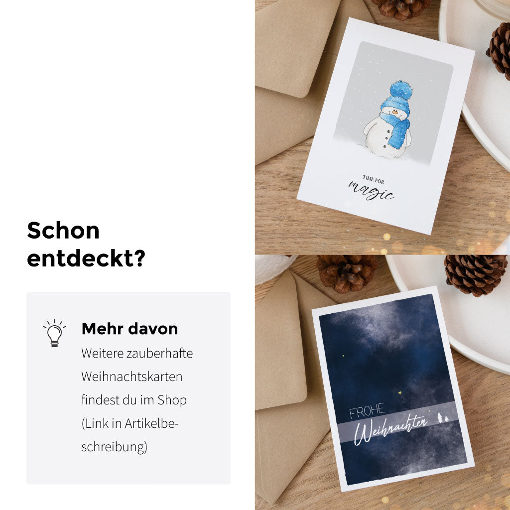 Zwei weitere handgemalte Weihnachtskarten im Aquarell-Stil, darunter eine mit Schneemann und „Time for magic“, präsentiert mit Umschlag und Deko – ideal als Ergänzung zum Geschenk.