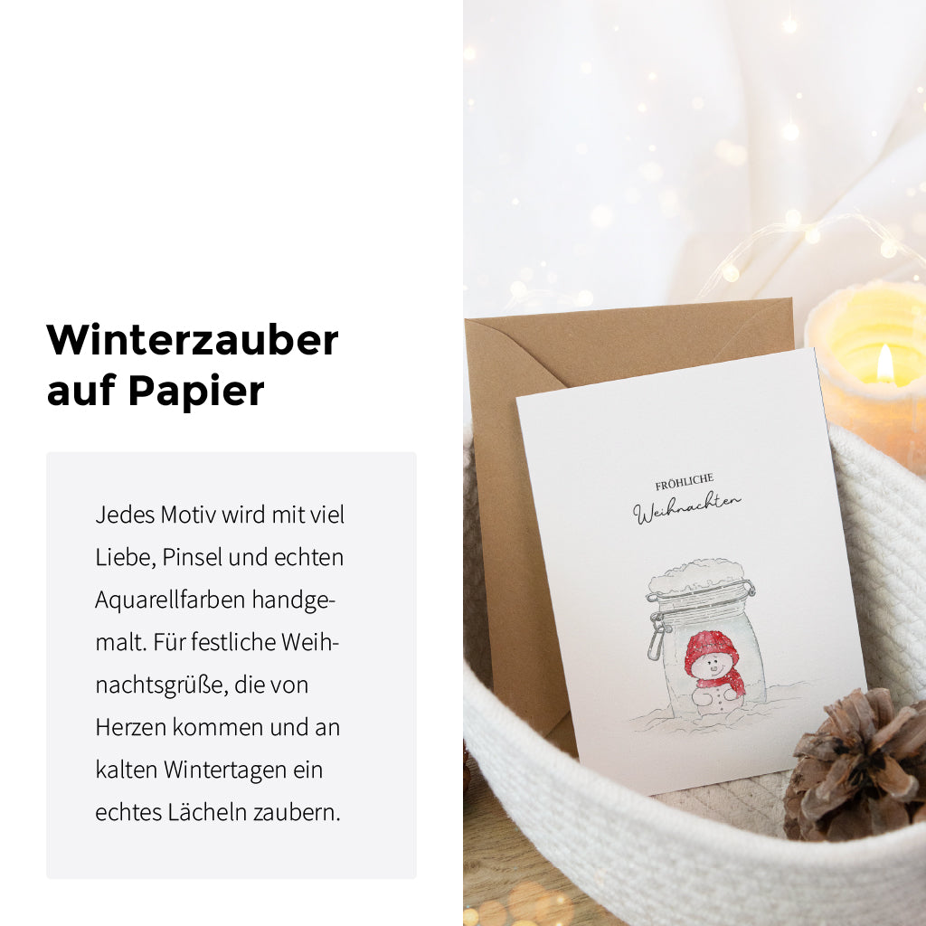 Funkenbunt Weihnachtskarte mit Schneemann Aquarell Motiv und winterlichem Text für liebevolle Weihnachtspost.