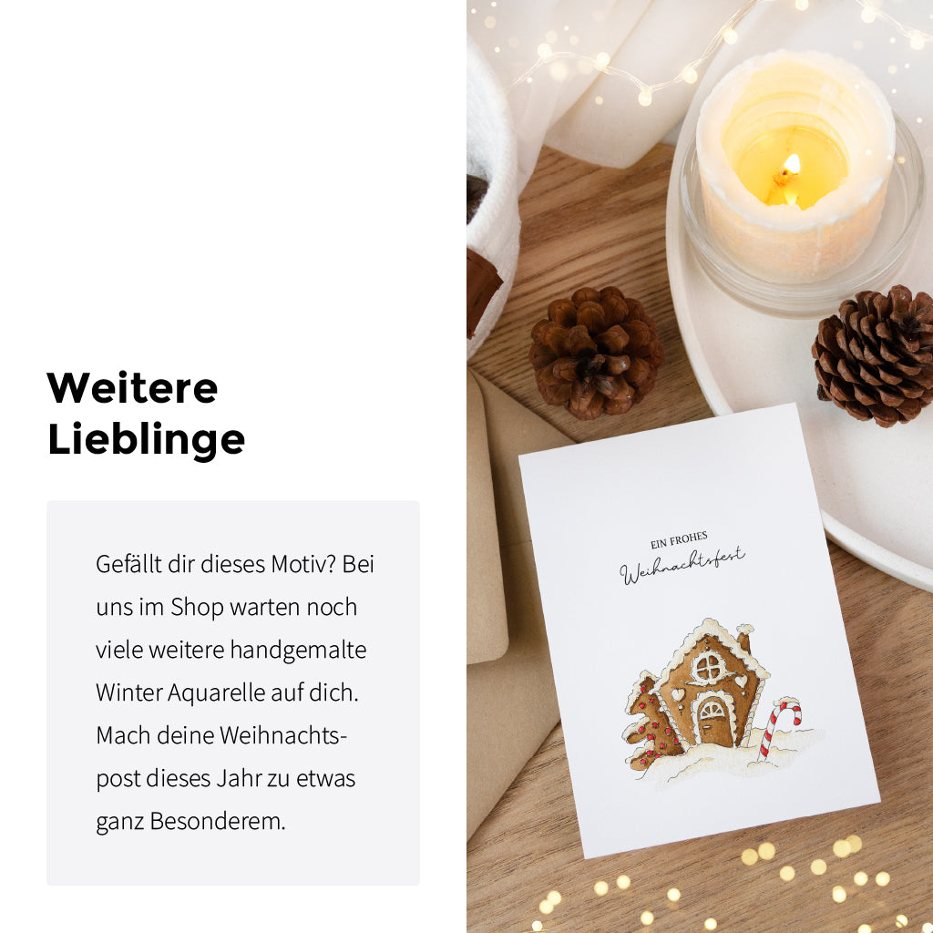 Weitere Weihnachtskarte von Funkenbunt mit Lebkuchenhaus Aquarell Motiv als Inspiration für festliche Weihnachtsgrüße.