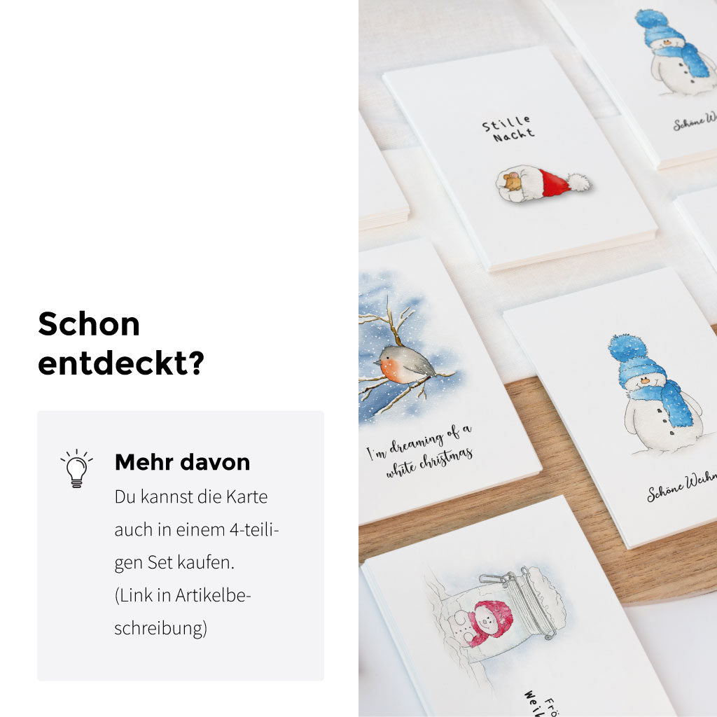 Weihnachtskarten-Set mit verschiedenen handgemalten Aquarellen, darunter die Karte mit der Maus in der Weihnachtsmütze und dem Spruch „Stille Nacht“.