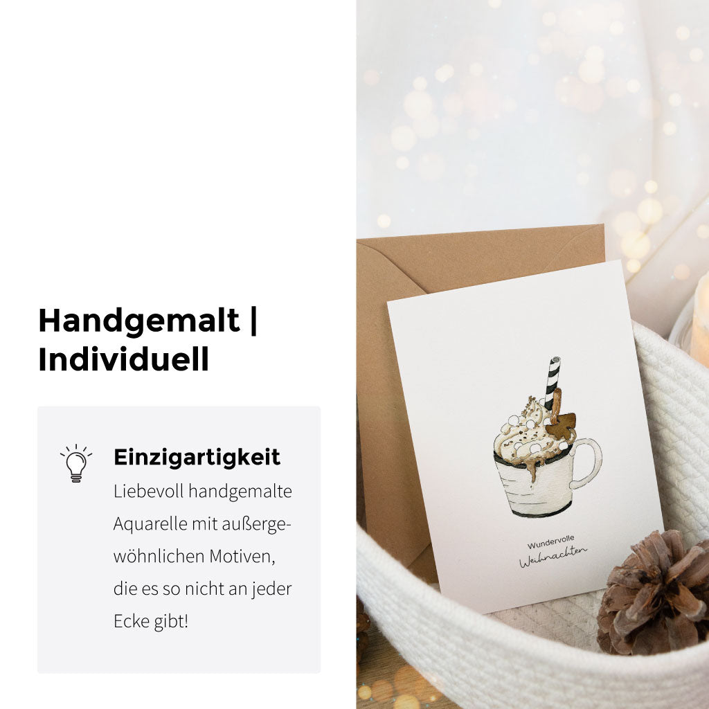 Detailaufnahme der Weihnachtskarte mit Aquarellmotiv und Text „Wundervolle Weihnachten“, daneben Infotext zu Einzigartigkeit und Handarbeit der Postkarte.