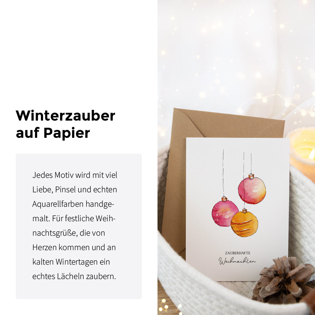 Detailansicht der Weihnachtskarte mit Text über handgemalte Motive und echte Aquarellfarben für festliche Grüße.