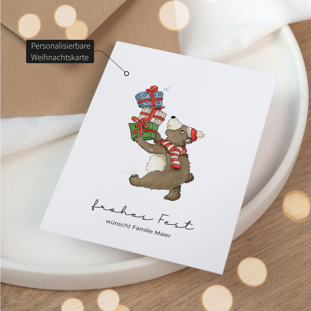 Handgemaltes Aquarell Motiv mit einem Bär und Geschenken