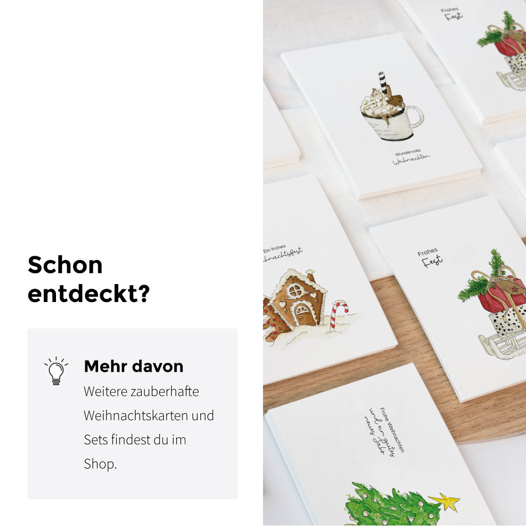 Stimmungsvolle Übersicht weiterer handgemalter Weihnachtskarten Sets im Aquarellstil, ideal zum Weihnachtsgeschenke verpacken oder als liebevolle Grußkarten.