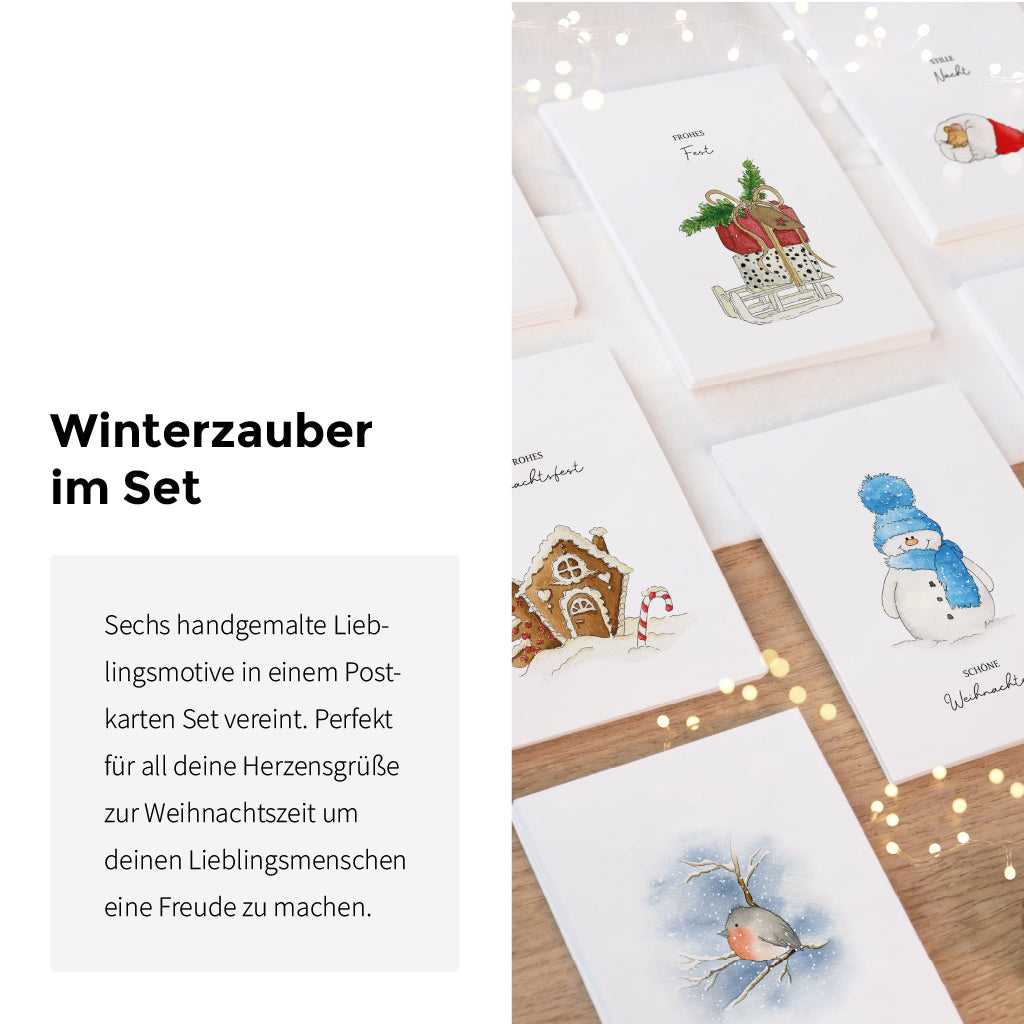Übersicht aller sechs Postkarten inklusive der optionalen Umschläge aus Kraftkarton für deine Weihnachtspost.