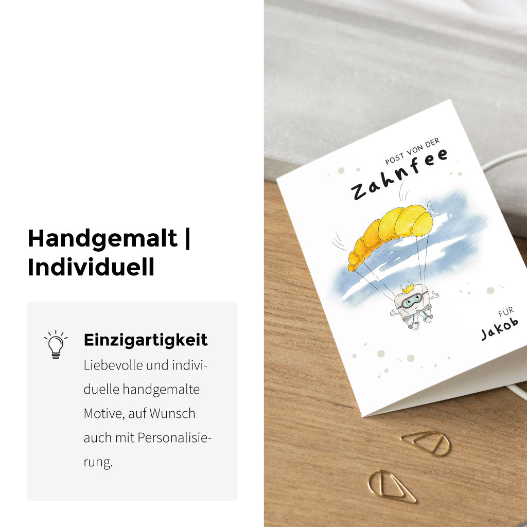 Handgemaltes Aquarell Motiv mit Milchzahn an Gleitschirm