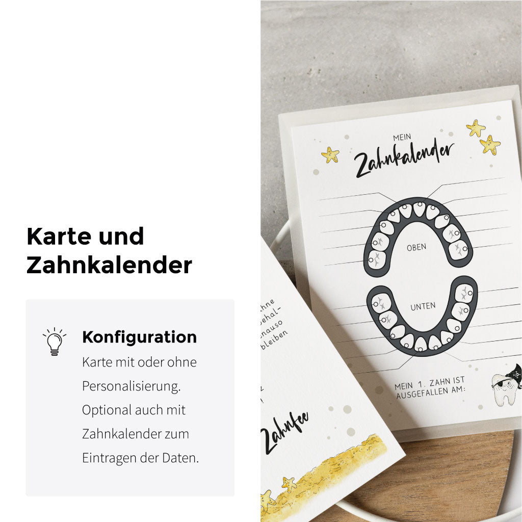 Milchzahn Wackelzahn Karte ist mit Namen personalisierbar, der Kalender kann optional dazu gekauft werden