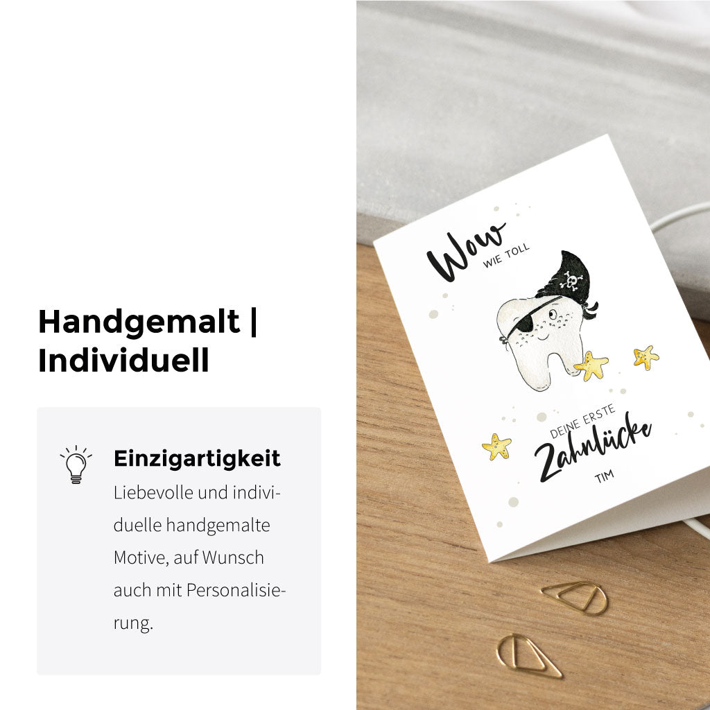Handgemaltes Aquarell Motiv mit Piraten Milchzahn