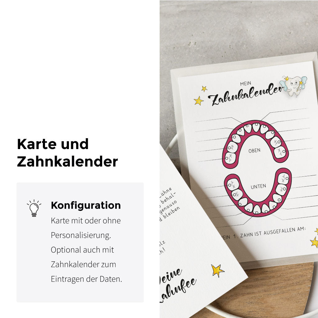 Milchzahn Wackelzahn Karte ist mit Namen personalisierbar, der Kalender kann optional dazu gekauft werden