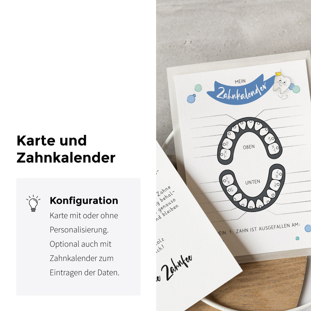 Milchzahn Wackelzahn Karte ist mit Namen personalisierbar, der Kalender kann optional dazu gekauft werden