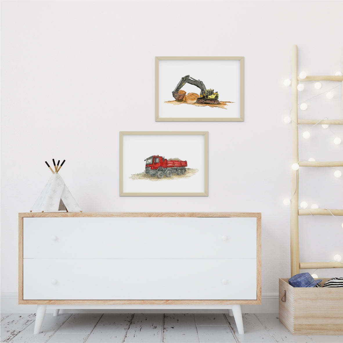 Bagger-Kipper-Poster-Set-Kinder-Kinderzimmer-Bild-Baustelle-LKW-Muldenkipper