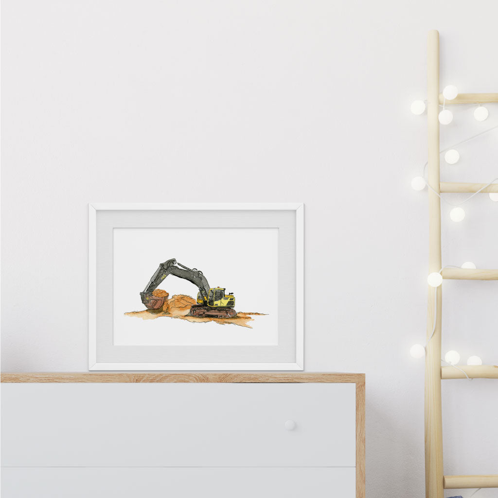 Bagger Bild in weißem Holzrahmen im Kinderzimmer