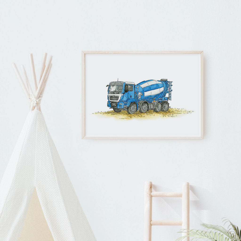 Betonmischer Bild fürs Kinderzimmer in weißem Holzrahmen