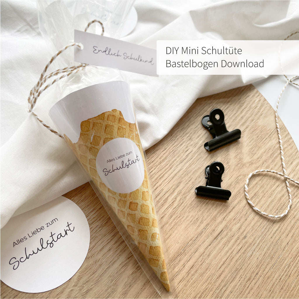 Mini Schultüte als Gastgeschenk für Einschulungsparty oder für Girlande, digitale Bastelvorlage